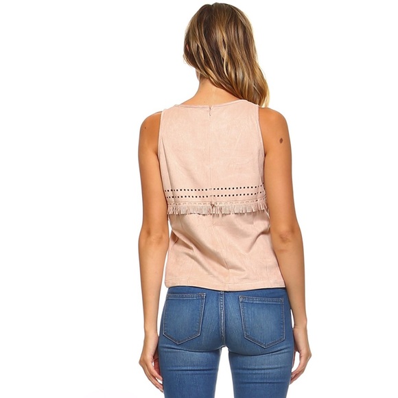 Soft sleeveless faux leather fringe top w/cut outs - Picture 2 of 2